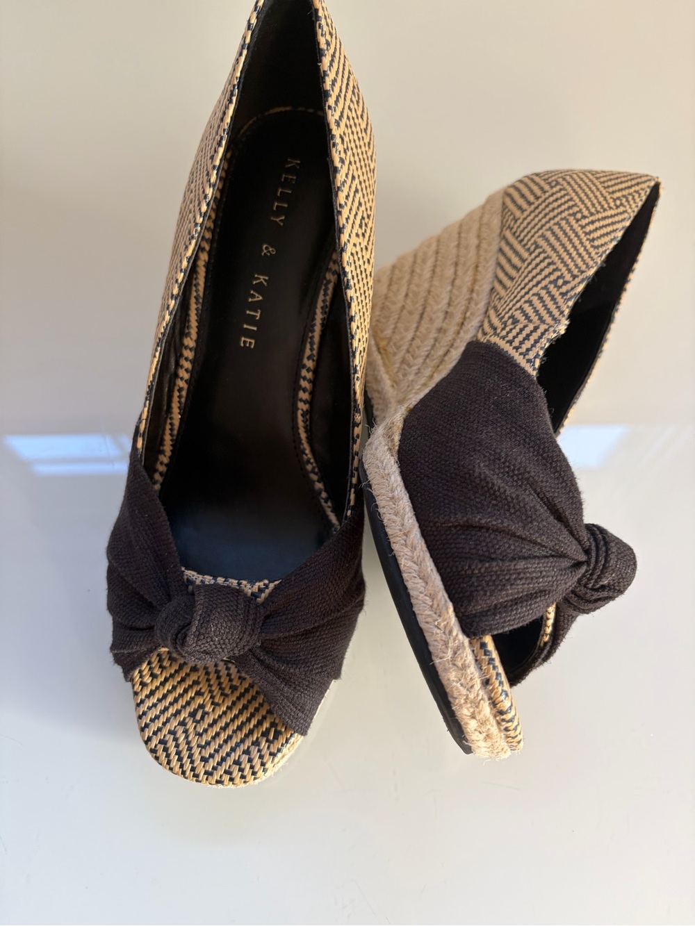 Kelly & Katie Black Knotted Espadrille Wedge Sandals with Woven Raffia